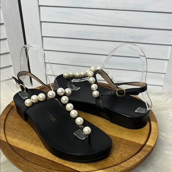 STUART WEITZMAN l Goldie Pearly Leather Flat Strap Sandal Black Leather Size 7 - Picture 13 of 15